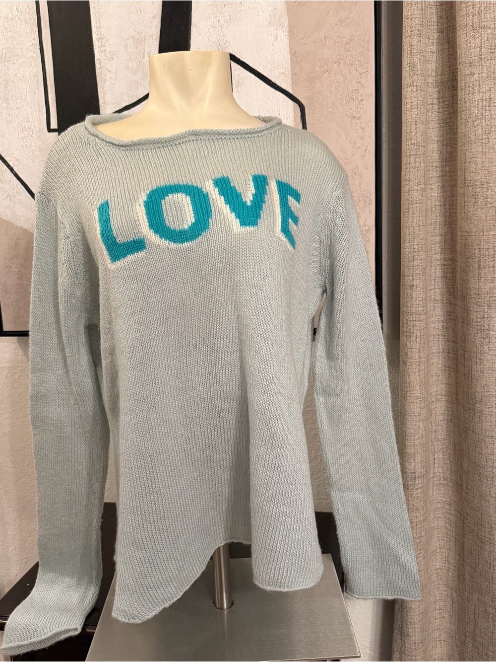Wooden Ships Light Gray Sweater with Teal LOVE Design Sz M/L